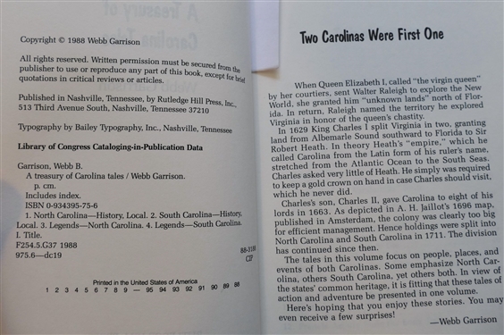 A Treasury of Carolina Tales by Webb Garrison - Hardcover with Dust Jacket and True Tales of The South At War - How Soldiers and Families Lived 1861-1865 Collected and Edited by Clarence Poe -...