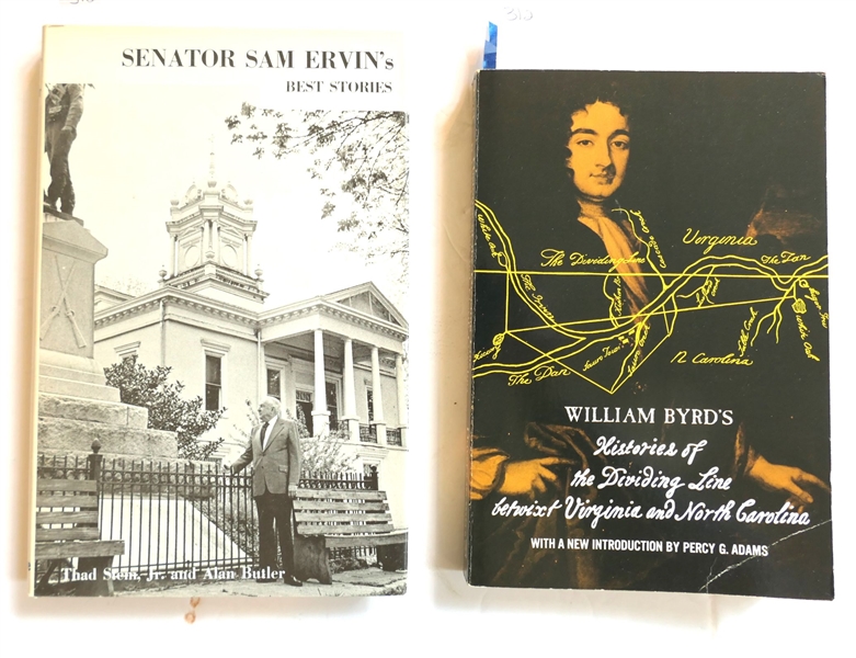 Senator Sam Ervins Best Stories" by Thad Stem, Jr. and Alan Butler 1973 First Edition Hardcover Book with Dust Jacket - Some Writing on First Page and "William Byrds Histories of the Dividing...