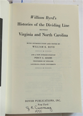 Senator Sam Ervin's Best Stories by Thad Stem, Jr. and Alan Butler 1973 First Edition Hardcover Book with Dust Jacket - Some Writing on First Page and William Byrd's Histories of the Dividing...