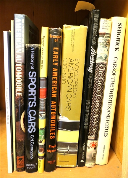 10 Books including "Cars of The Thirties and Forties" "The Great Cars" "Encyclopedia of American Card 1930-1980" "Early American Automobiles" "Cars of The 50s" "A History of Sports Cars"