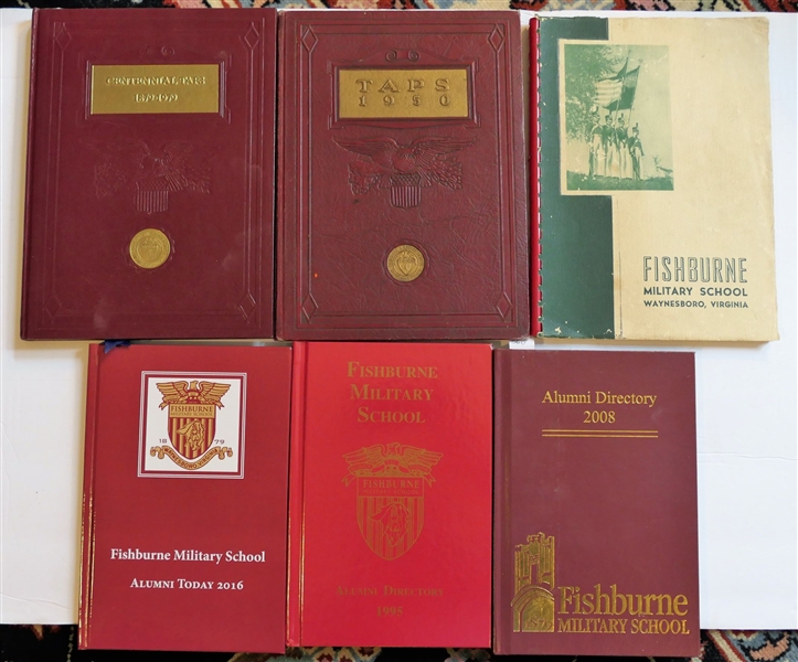 6 Books From Fishburne Military School including 1950 TAPS Annual, 1879-1979 Centennial Taps, 1995, 2008, and 2016 Alumni Directories, and Spiral Bound Information Booklet