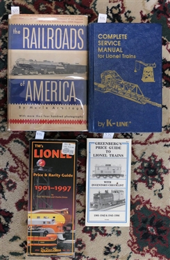 4 Books and Booklet on Trains - The Railroads of America by Merle Armitage 1952 Hardcover Book with Dust Jacket, Complete Service Manual for Lionel Trains Lionel 1901-1997 Price Guide, and...