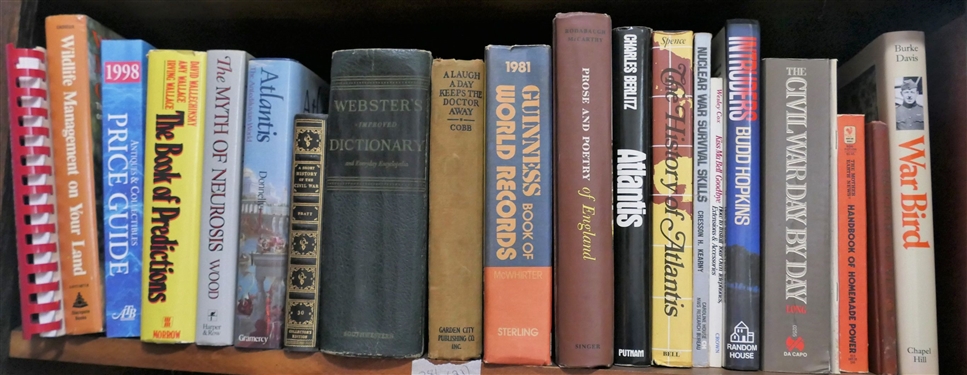 21 Books including Wildlife Management on Your Land Antiques and Collectibles Price Guide The Book of Predictions Atlantis A Short History of the Civil War A Laugh A Day Keeps the Doctor...