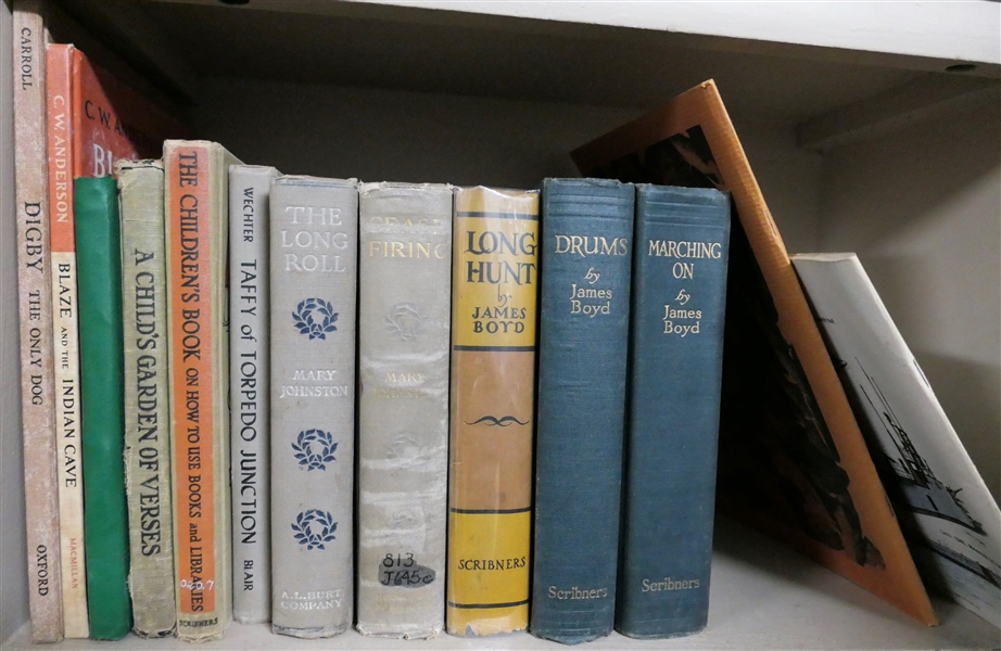 13 Books including "Digby" "Blaze and the Indian Cave" "The Long Roll" "Taffy of Torpedo" "Long Hunt" "Drums" "Marching On" Both by James Boyd, "Arrowheads" and "U.S. Subs in Action" 