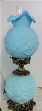 Fenton Blue Satin Glass Gone With The Wind Style Lamp - Lighted Top and Bottom - Measures 24" to Top of Chimney