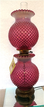Fenton Cranberry Opalescent Hobnail Gone With The Wind Style Lamp - Lighted Top and Bottom - Metal Base with Laurel Leaves - Measures 25" to Top of Chimney