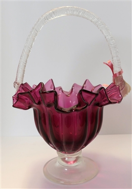 Cranberry Glass Ruffled Edge Basket With Clear Applied Textured Handle and Clear Foot - Measures 13" Tall to Top of Handle - 8" Wide - Small Chip on Edge