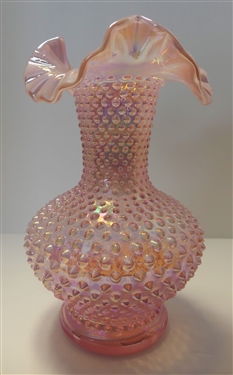 Signed Fenton Pink Iridized Hobnail Vase with Ruffled Edge - Measures 10 1/2" Tall 