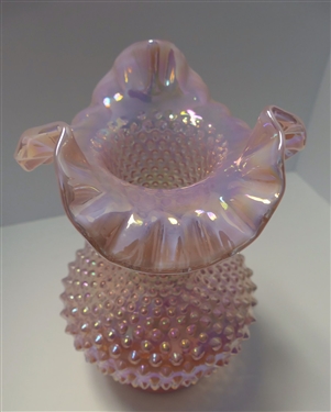 Signed Fenton Pink Iridized Hobnail Vase with Ruffled Edge - Measures 10 1/2 Tall 