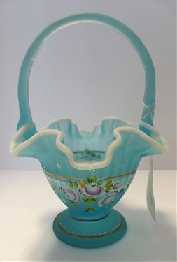 Hand painted Fenton Blue Satin Silvercrest Basket - Signed by P. Fleak - With Original Sticker - Measures 10" tall to top of Handle 6" by 7"
