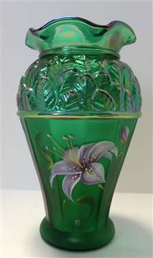 Beautiful Teal Hand painted Fenton Vase - Painted by Pam Fleak - Iridized Top - Measures 8 1/2" tall 