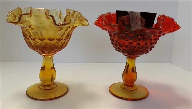 2 - Fenton Compotes - Amberina Hobnail with Ruffled Edge and Amber - Both Measure 6 1/2" Tall 