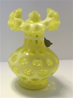Fenton Topaz Opalescent (Vaseline) Coinspot Vase - Ruffled Edge - Measures 7" tall 