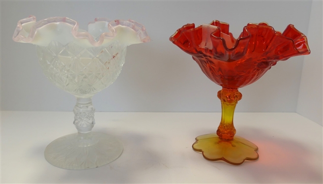 2 Fenton Compotes with Original Stickers - Clear Opalescent with Pink Crest  and Other Amberina - Measuring 6 tall 