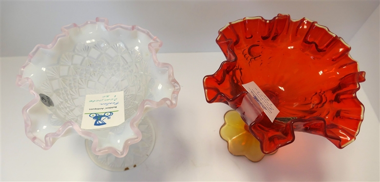 2 Fenton Compotes with Original Stickers - Clear Opalescent with Pink Crest  and Other Amberina - Measuring 6 tall 