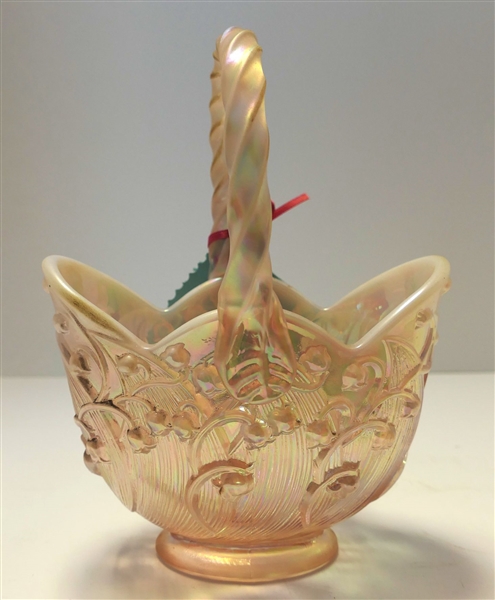 Signed Fenton Pink Carnival Lily of the Valley Basket - Measures 8" tall 5 1/2" by 3" 