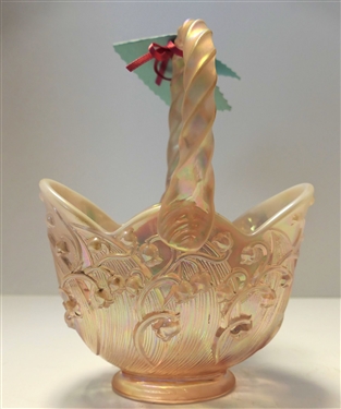 Signed Fenton Pink Carnival Lily of the Valley Basket - Measures 8 tall 5 1/2 by 3 