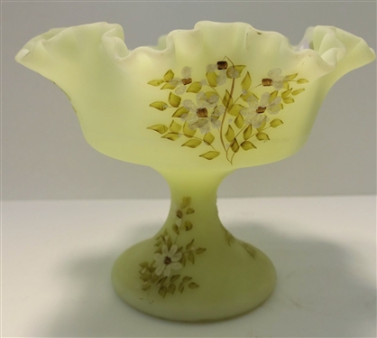 Hand painted Fenton Satin Custard Glass Compote - Measuring 6 Tall Hand painted by K. Doonan 