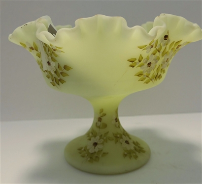 Hand painted Fenton Satin Custard Glass Compote - Measuring 6 Tall Hand painted by K. Doonan 