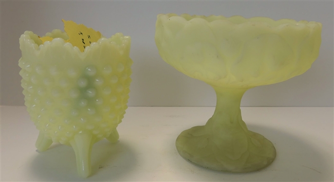 Fenton Satin Custard Glass Compote Measuring 5 1/4 tall and Fenton Yellow Opaline Hobnail Footed Vase- With The Original Sticker- Measuring 4 1/2 tall 