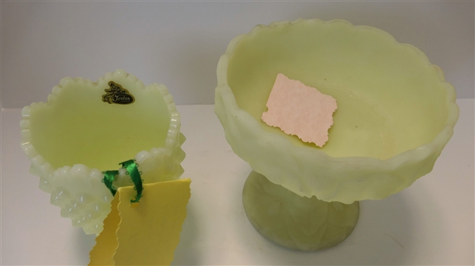 Fenton Satin Custard Glass Compote Measuring 5 1/4 tall and Fenton Yellow Opaline Hobnail Footed Vase- With The Original Sticker- Measuring 4 1/2 tall 