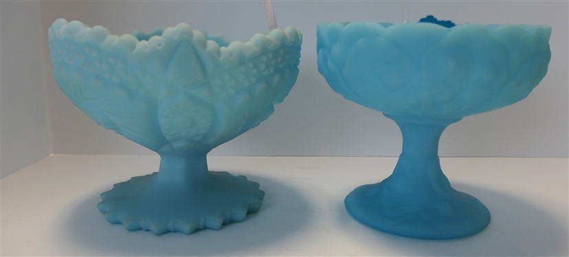 2 - Signed Fenton Blue Satin Glass Compotes - Measuring 5 and 5 1/2 