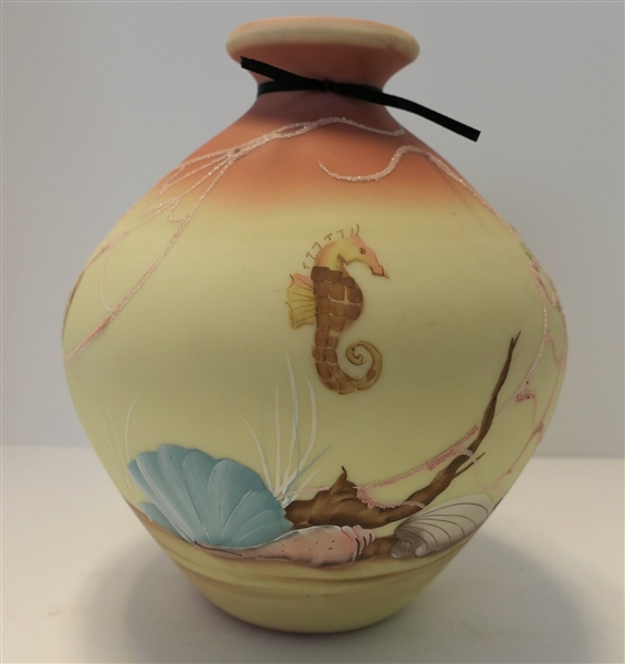 Hand painted Fenton Burmese Vase with Ocean Scenes - Hand painted by Dianna Barbour - Fenton 1985 - # 466 of 950 - Measuring 8" Tall
