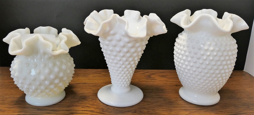  3 Hobnail Milk Glass Vases - Tallest Measuring 6 Smallest 4 1/2  