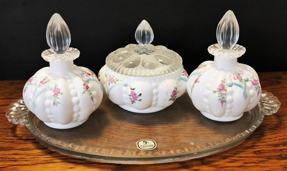 Hand painted Fenton Dresser Set - Numbered 557/1500 - on Fenton Tray  with Original Sticker - Tray Measures 12" Across