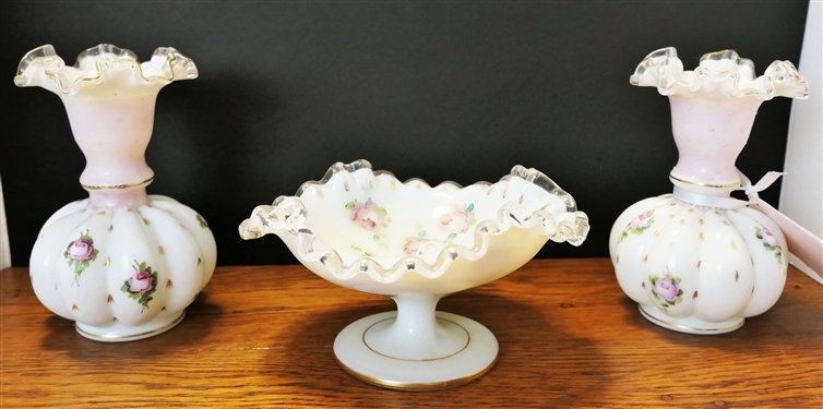 3 Pieces of Hand painted Fenton - Pair of Silver Crest Vases with Gold Trim and Silvercrest Footed Bowl - Vases Measure 6 Tall Bowl Measures 3 1/2 tall 7 Across