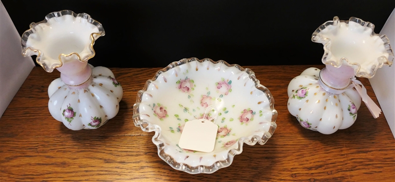 3 Pieces of Hand painted Fenton - Pair of Silver Crest Vases with Gold Trim and Silvercrest Footed Bowl - Vases Measure 6 Tall Bowl Measures 3 1/2 tall 7 Across