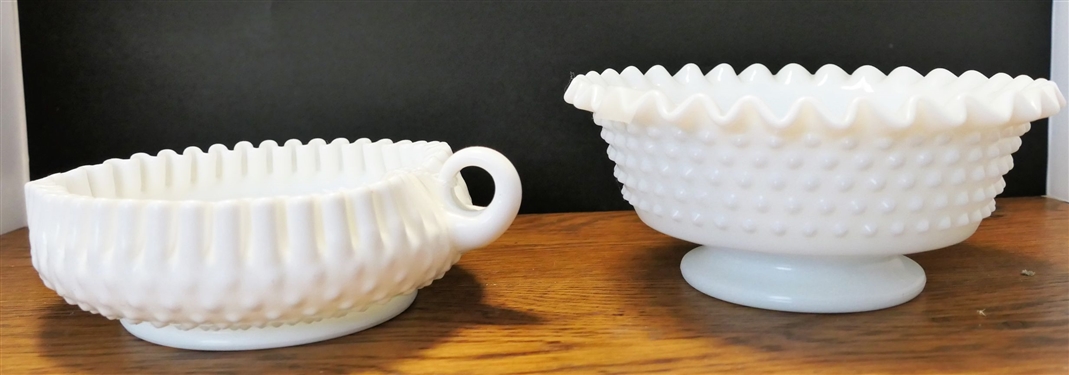 Fenton Hobnail Milk Glass Heart Dish with Original Sticker and Hobnail Milk Glass Bowl Measuring 3 1/2 tall 7 Across