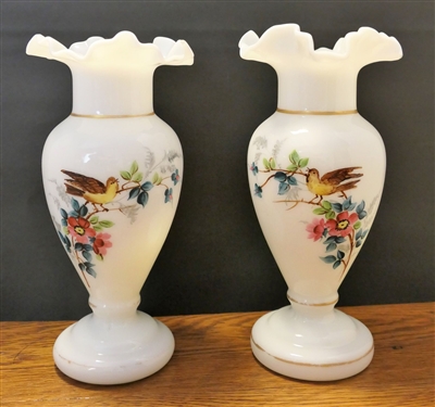 Pair of Hand painted Victorian Bristol Glass Vases - Bird and Flower Decoration - Measuring 10 tall 