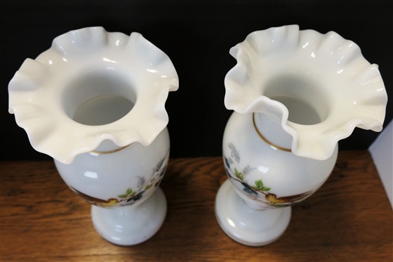 Pair of Hand painted Victorian Bristol Glass Vases - Bird and Flower Decoration - Measuring 10 tall 