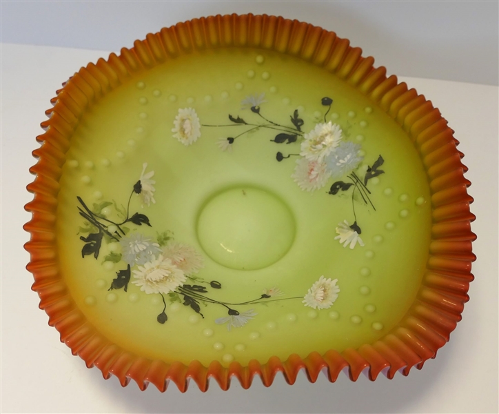 Hand painted Ruffled Edge Bowl with Enamel Painted Flowers - Raised Dot Details - Applied Ruffle Edge - Measures 3 1/2" tall 10 1/2" Across