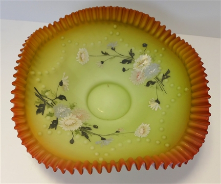 Hand painted Ruffled Edge Bowl with Enamel Painted Flowers - Raised Dot Details - Applied Ruffle Edge - Measures 3 1/2 tall 10 1/2 Across