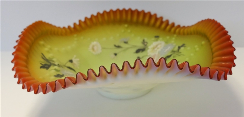Hand painted Ruffled Edge Bowl with Enamel Painted Flowers - Raised Dot Details - Applied Ruffle Edge - Measures 3 1/2 tall 10 1/2 Across