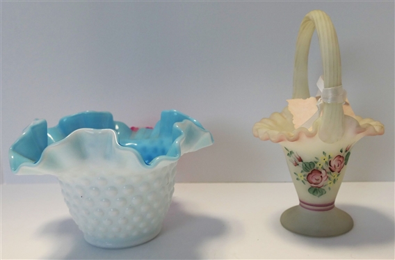 Hand painted Fenton White Satin Basket and Fenton Milk Glass Ruffled Edge Vase with Blue Interior - Basket Measures 7 Tall 3 1/2 Across Vase Measures 4 tall 6 Across 