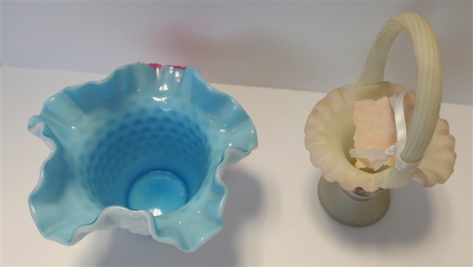 Hand painted Fenton White Satin Basket and Fenton Milk Glass Ruffled Edge Vase with Blue Interior - Basket Measures 7 Tall 3 1/2 Across Vase Measures 4 tall 6 Across 