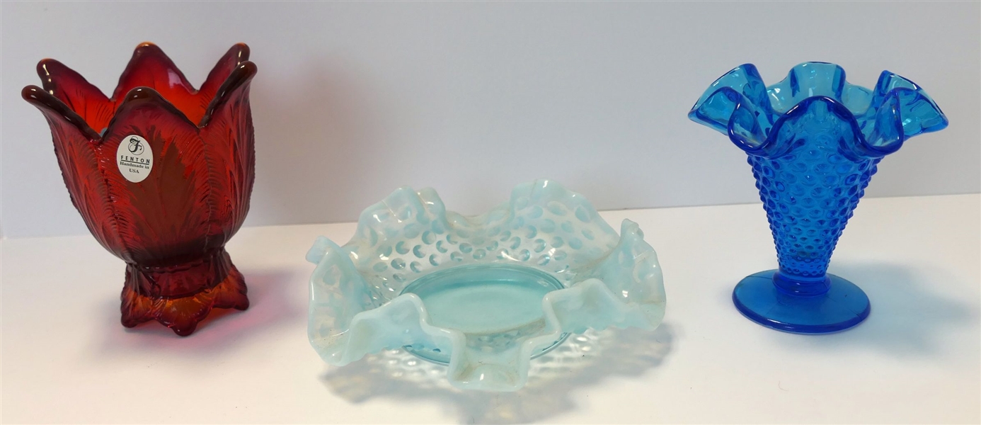3 Pieces of Fenton - 3 1/2" Blue Hobnail Vase, 4" Red Vase with Original Sticker, and 6" Hobnail Ruffled Edge Dish 