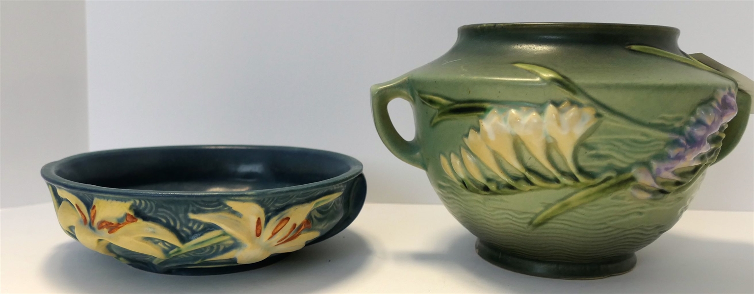 Roseville Freesia Vase Number 463 - 5" and Roseville Zephyr Lily Low Bowl 6" - Number 472 - Freesia Has Chips On top and Bottom Rims