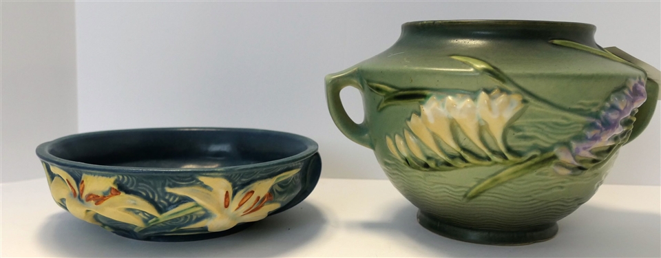 Roseville Freesia Vase Number 463 - 5 and Roseville Zephyr Lily Low Bowl 6 - Number 472 - Freesia Has Chips On top and Bottom Rims