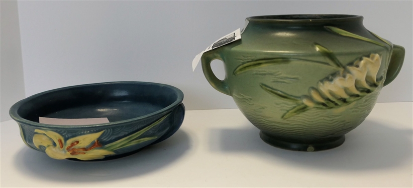 Roseville Freesia Vase Number 463 - 5 and Roseville Zephyr Lily Low Bowl 6 - Number 472 - Freesia Has Chips On top and Bottom Rims