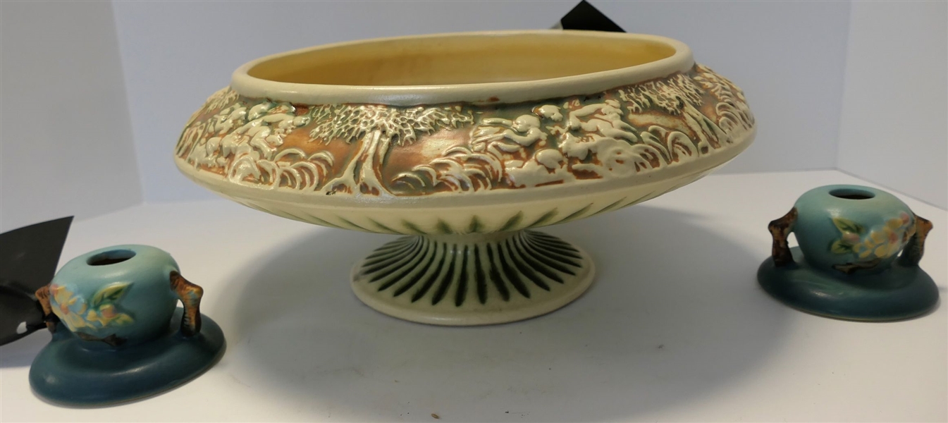 Pair of Roseville Apple Blossom Candle Sticks - Number 351 and Roseville Donatello 12" Footed Bowl - Has Hairline Crack Across Bowl 
