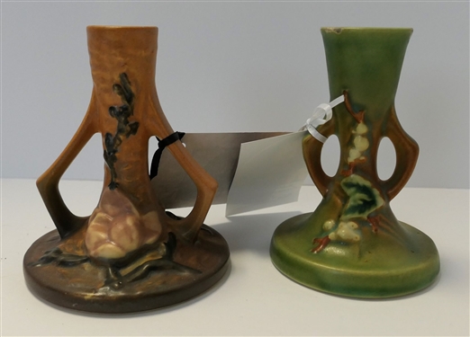 Roseville Magnolia Candle Stick - 1157 - 4 1/2 tall and Roseville Snowberry Candle Stick 1CS2 - Some Chips to Tip Edge