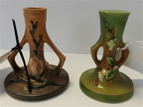 Roseville Magnolia Candle Stick - 1157 - 4 1/2 tall and Roseville Snowberry Candle Stick 1CS2 - Some Chips to Tip Edge