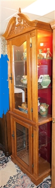 Oak Finish Lighted Display Cabinet with Broken Arch Top - Glass Shelves - Red Velvet Backing - Measures 81 tall 22 1/2 by 13