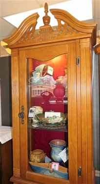 Oak Finish Lighted Display Cabinet with Broken Arch Top - Glass Shelves - Red Velvet Backing - Measures 81 tall 22 1/2 by 13