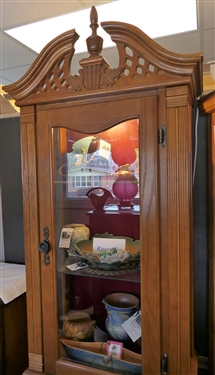 Oak Finish Lighted Display Cabinet with Broken Arch Top - Glass Shelves - Red Velvet Backing - Measures 81 tall 22 1/2 by 13