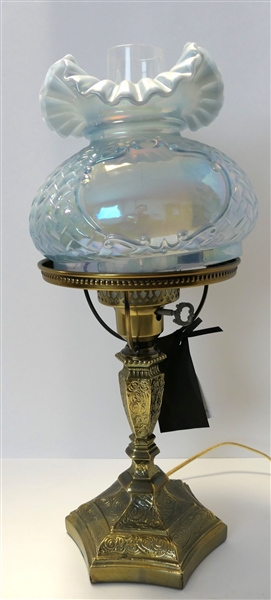Blue Iridized Fenton Lamp with Ruffled Top - Gold Tone Metal Base - Measures 19" Tall 